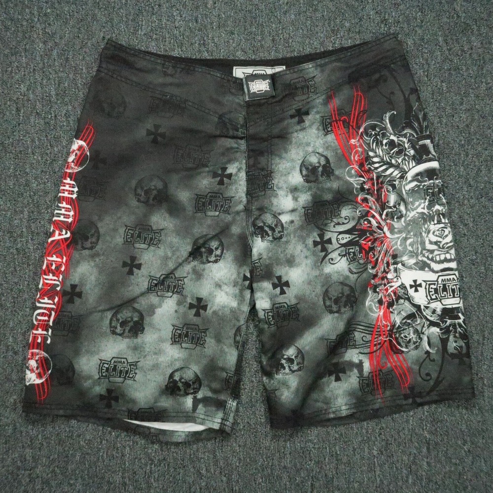 MMA Elite Shorts Mens Large Gray Black Skull Jiu Jitsu Wrestling‎ Training